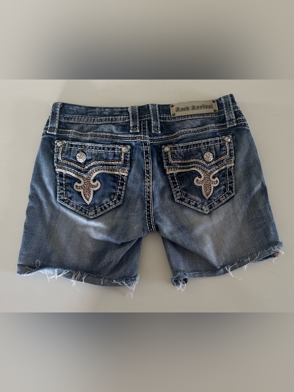 Rock Revival Embroidered Back-Pocket Denim Shorts in Faded Blue